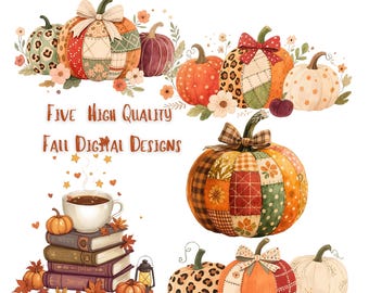 Patchwork & Leopard Print Pumpkin PNG Bundle, 5 Fall Digital Designs ,  BoHo Fall Clip Art,   Autumn Sublimation Clipart, Bows and pumpkins