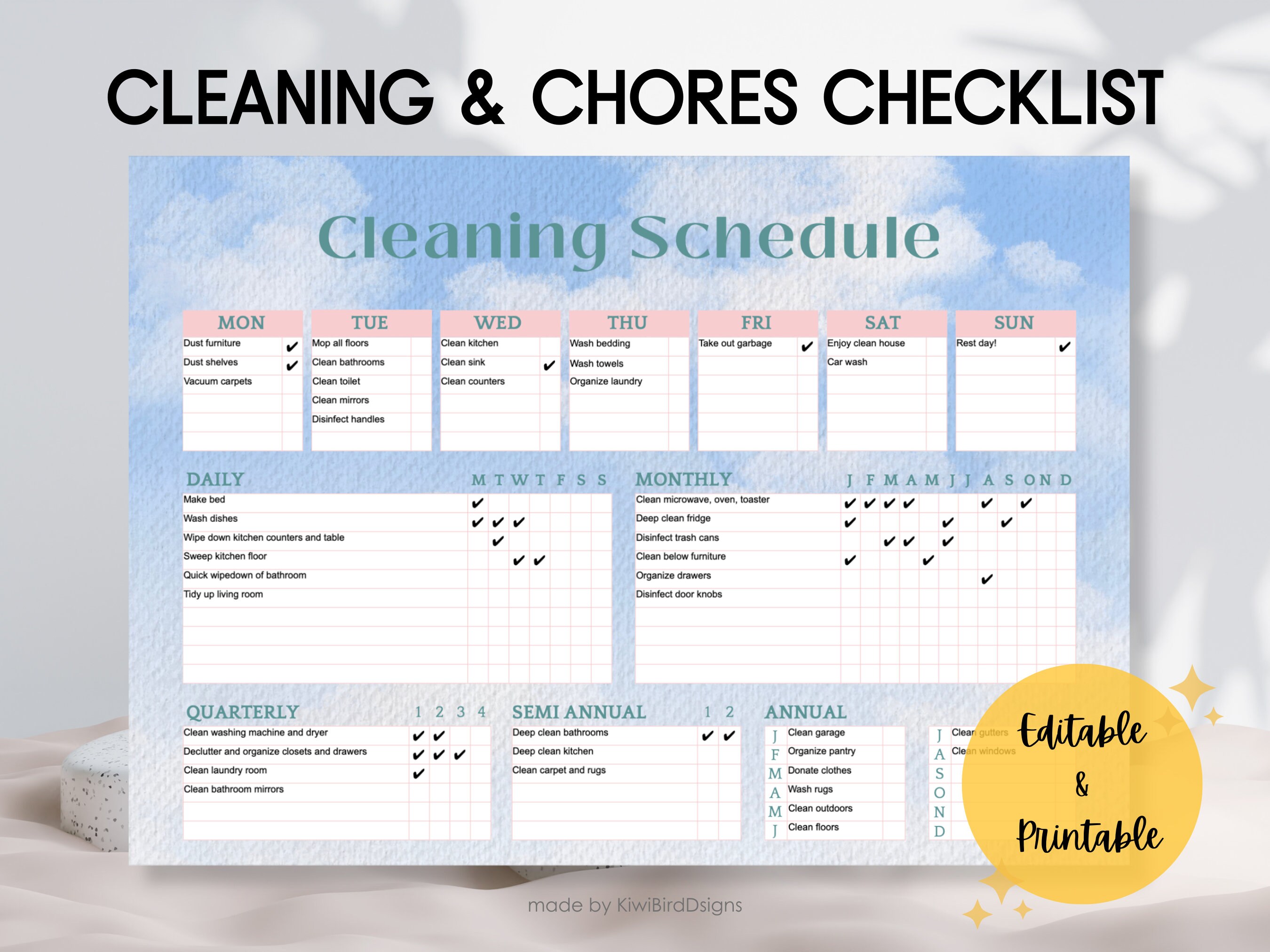 EDITABLE Cleaning Schedule Planner, Aesthetic Digital Weekly Cleaning ...