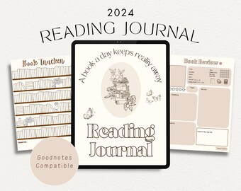 May include: A digital planner for tracking reading progress in 2024. The planner features a book tracker, a book review section, and a quote that reads "A book a day keeps reality away".