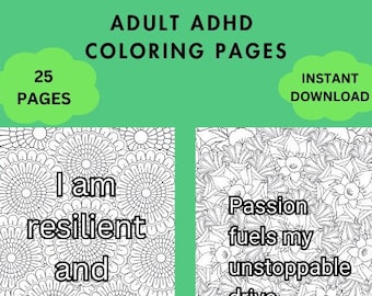 25 målarbilder för vuxna med positiva affirmationer, målarbok, direktnedladdning, målarbilder med ADHD för unga vuxna