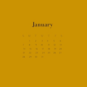 Pode incluir: Um calendário amarelo mostrando o mês de janeiro. O calendário exibe os dias da semana, começando pelo domingo e terminando no sábado. Os números de 1 a 31 estão listados em linhas, com cada linha representando uma semana.
