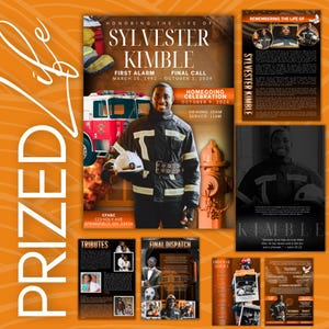 May include: A memorial programme for Sylvester Kimble, a firefighter. The programme features a photo of Kimble in his uniform, a fire engine, and a fire hydrant. The programme includes information about Kimble's life, including his first alarm and final call dates, as well as details about his homegoing celebration.