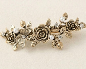 1pc Vintage Floral Leaf Butterfly Faux Pearl Rhinestone Hair Clip, Suitable For Summer, Holiday, Travel