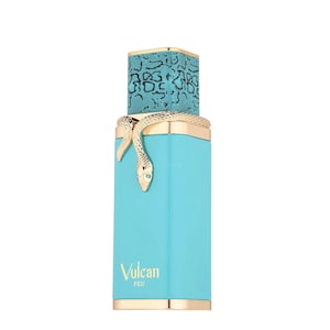 May include: A turquoise perfume bottle with gold accents and a snake design. The bottle has a rectangular shape with a patterned top and the word "Vulcan" printed on the front.