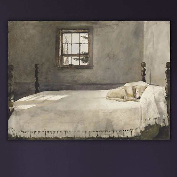 Andrew Wyeth art,Spiritual Modern Canvas Wall Art,Master Bedroom Andrew Wyeth Dog Sleeping in Bed Giclee Print,Ready To Hang Or Poster