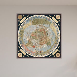 Grote wereldkaart muurkaart, oude platte aardekaart klaar om op te hangen canvas, 1587 door Monte Urbano poster, 15e-eeuwse oude kaart, platte aardekaart