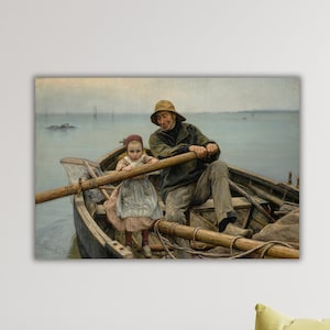 Helping Hand art,Helping Hand,1881,Emile Renouf, Old Fisherman helping young girl to row the boat,canvas print,Canvas Reproduction,