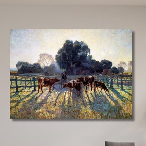 Kuh Bauernhof Leinwand, Spring Frost,Elioth Gruner Leinwand/Poster, 1919 Malerei Poster Leinwanddruck Strukturpapier, Wohnkultur