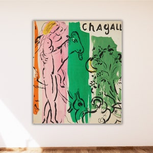 Póster rosa de Marc Chagall, moderno de mediados de siglo, decoración abstracta para sala de estar sobre sofá, boceto de pintura famosa, arte de pared verde, regalo de boda