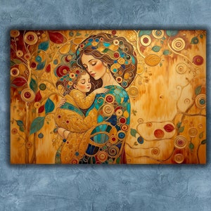 Póster de arte impreso con madre e hijo en estilo Gustav Klimt, diseño de madre e hijo, impresión artística en lienzo para pared, arte de Gustav Klimt, decoración de pared moderna