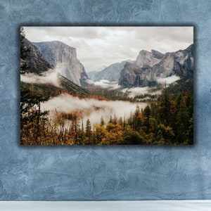 Yosemite Valley Bergdruck, nebliger Wald Yosemite Valley National Park Druck, Natur Bäume Poster Kunst Leinwand, Yosemite Landschaft Wandkunst