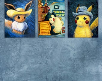 Set Of 3 Van Gogh Pikachu Print, Van Gogh Pikachu Evee Snorlax Ready To Hang Canvas,Van Gogh Poster,Aesthetic Poster,Van Gogh Pikachu Poster