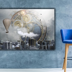 Ballon Leinwand Uhr Hauskunst, Steampunk Wandkunst, Luftschiff Kunstwerk Alte Stadt Drucke Steam punk Vintage Geschenk Landschaftsfoto Industriemaschinen