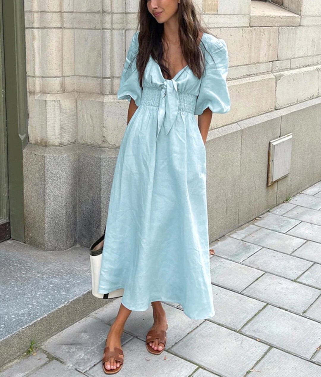 Ruffle Detail Linen Deep V-Neck Stripe Long Sleeve Top