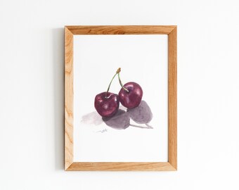Culinary Art, Cherry Art Watercolor Painting ,Original Painting, Kitchen Wall Art, Fruit Painting, Kitchen Decor, Still Life Painting