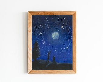 Magical Forest Original Painting, Woman and a Dog Wall Art, Forest Sketch, Dark Fine art, Magic Woman in The Forest, acrilic painting