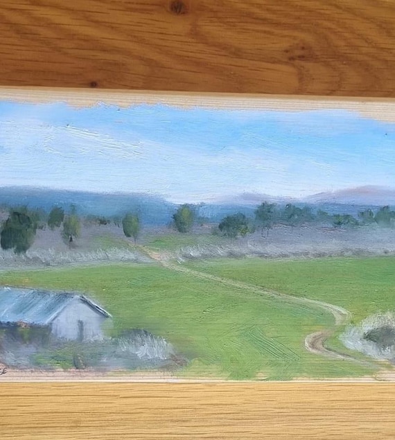 新しい家からの眺め 木製パネルに描かれたオリジナルの油絵