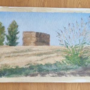 Bales of Hay and a Shrub Original Oil Painting ,Hand Made Painting, figurative realistic agriculturet Wall Art, Israeli landscape, Plein air