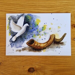 Taube und Shofar Postkarte, Original Aquarell, Shana Tova, Obst Malerei, Fine Art Print, Jüdische Neujahrskarte, Aquarellkarte