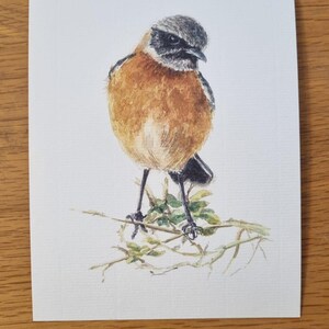 May include: Watercolor painting of a small bird perched on a twig with green leaves. The bird has a gray head, orange chest, and black legs. The artwork is on a white paper, set against a wooden background.