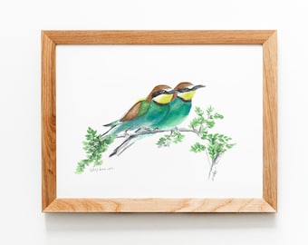 Bee Eater Bird Print ,Original Painting, Animal Wall Art, Two Green Birds Painting, Fine Art Print