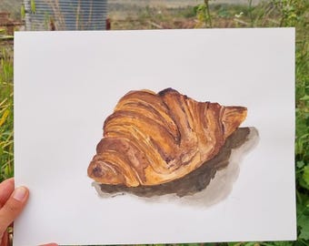Croissant Original Painting, Kitchen Wall Art, Coffee Mug Painting, Fine Art Water Color Painting, Still Life Painting
