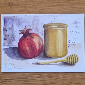Honig Granatapfel Print Postkarte, Originale Malerei, Fine Art Print, Fine Art Print, Jüdischer Neujahrsabend, Rosh HaShana Karten