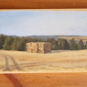 Kibutz Harel&#39;s hay stacks original oil painting on a wood pannel, Israeli landscapes, pleinair, Village view, agriculture landscape