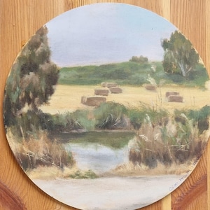 Alexander River original With Hay oil painting, water flow painting, home decore, landscape paintings, israeli landscape, israeli artist