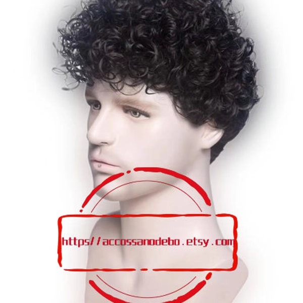 Men's black short curly wig, high temperature wire fashion wig, European curly men's wig, daily short wig.