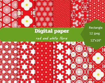 Red Floral Digital Paper: 12x16 Scrapbook Patterns (Digital Download)