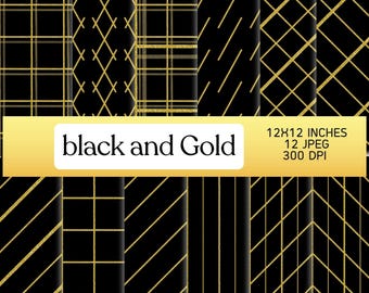 Black and Gold Geometric Digital Paper: 12x12 Scrapbook Patterns