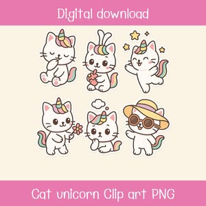 Kawaii Caticorn-klistermärken: Pastellfantasi-clipart (12 PNG-bilder) (digital nedladdning)