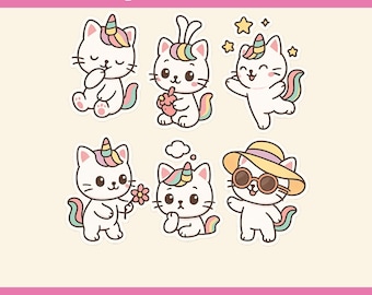 Kawaii Caticorn Stickers: Pastel Fantasy Clipart (12 PNGs) (Digital Download)