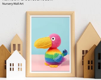 Rainbow Crochet Shoebill Nursery Art, Amigurumi Bird Poster (Digital Download)