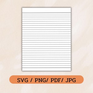 Può includere: Un foglio di carta bianco con linee tratteggiate orizzontali, progettato per esercitarsi a scrivere. La parte inferiore dell'immagine presenta un banner arancione con il testo "SVG / PNG/ PDF/ JPG".