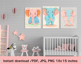 Elephant Nursery Art Prints: Set of 3, Watercolor Animals (PDF Download)