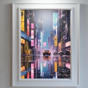 Póster de Neo Tokio, impresión de fondo de pantalla de ciudad cibernética, descarga digital, paisaje urbano futurista, decoración de pared japonesa, fondo de pantalla ciberpunk, póster de ciudad nocturna