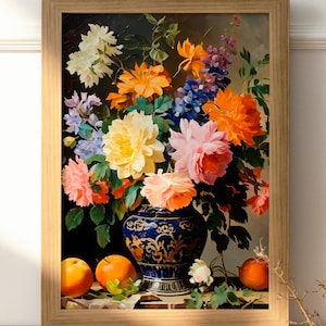 Vintage still life oil painting print digital download rustic farmhouse wall still life flower wall art decor fruit painting print
