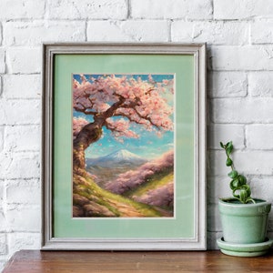 Mount fuji painting cherry blossom print digital download sakura wall art japanese landscape canvas art living room decor for walls gift