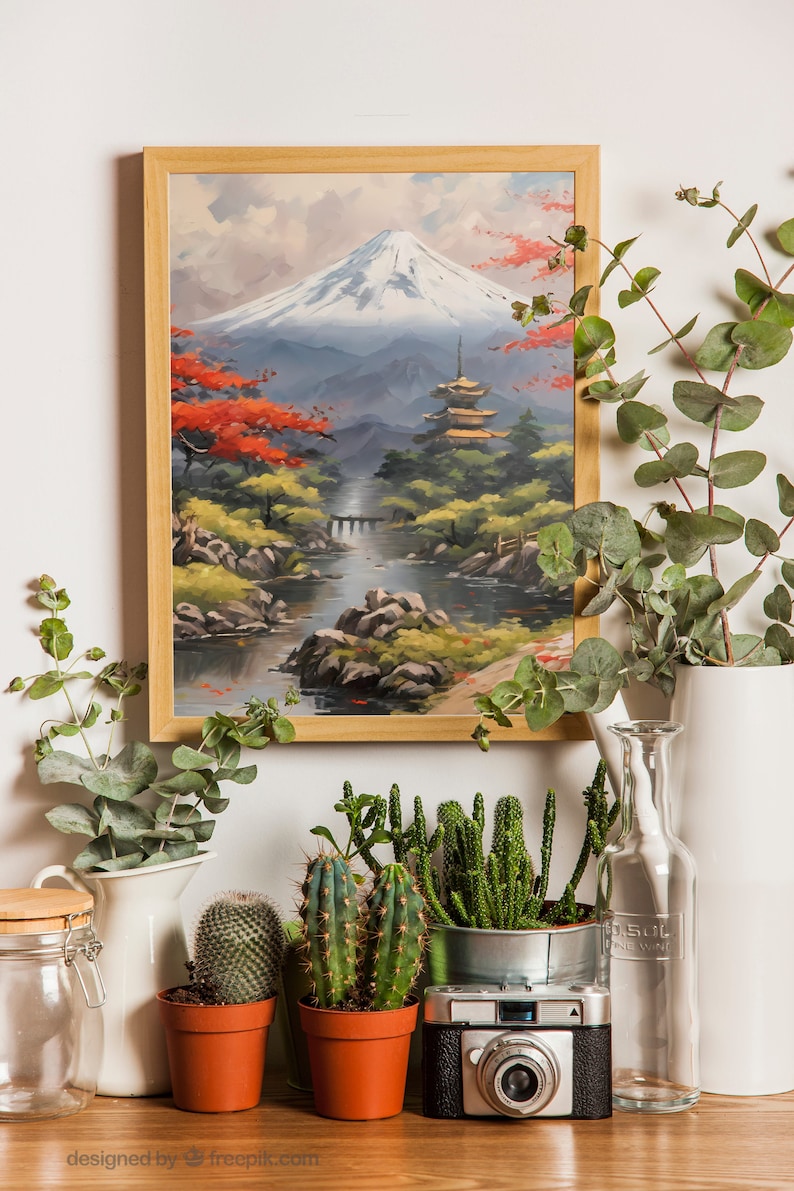 Riverside Fuji Mountain Japanese Landscape Painting Vintage Oil