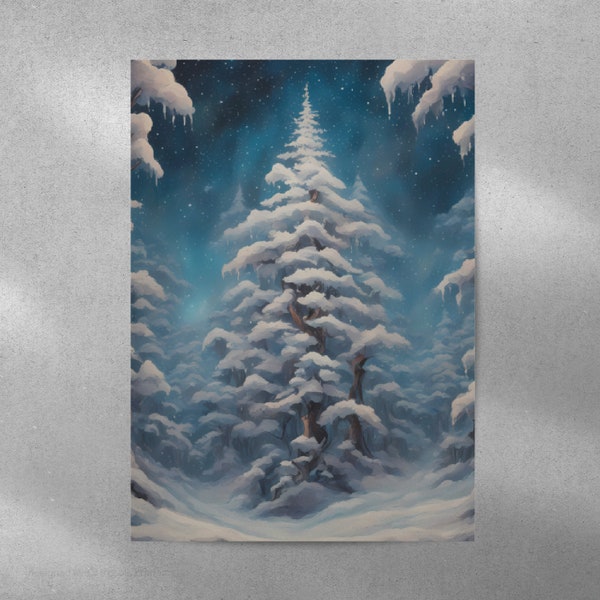 Snow Covered Trees Painting Sky Printable Christmas Wall Art Winter Decor Neutral Winter Print Digital Download