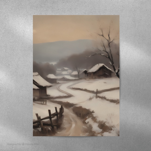Winter Countryside Print Snowy Landscape Painting Rustical Deco Oil Painting Antique Muted Colours Digital Download
