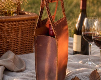 Borsa portabottiglie in pelle personalizzata, realizzata a mano, regalo con incisione personalizzata.