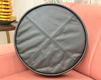 Black Leather Round Cushion Cover: Handmade Pillow for Boho Decor