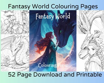 Enchanting Fantasy Coloring Pages, 52-Page Digital Download, Printable Mythical Creatures & Lands, Ideal Creative Gift for Fantasy Lovers