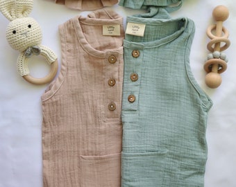 Baby Boy Romper jumpsuit One piece Buttoned Neutral Spring Fall summer colors Sleeveless long Pants Muslin with hat