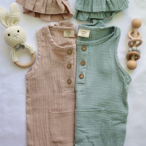 Baby Boy Romper jumpsuit One piece Buttoned Neutral Spring Fall summer colors Sleeveless long Pants Muslin with hat