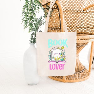 Kawaii Book lover Floral Canvas Tote Bag, Book lover gift, Bookish tote bag for books, Librarian Gifts, Library Book Bag, Reading Gift