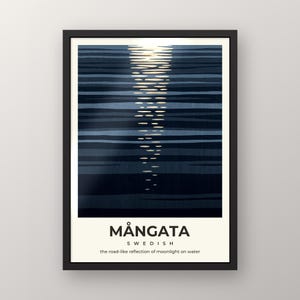 May include: A framed wall art print featuring a dark blue and black horizontal striped pattern representing water, with a vertical column of white light reflecting moonlight. The text reads MÅNGATA SWEDISH the road-like reflection of moonlight on water.